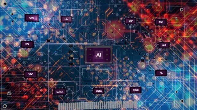 Central AI chip emitting trace, modules popping outward, pulses forming active computing network