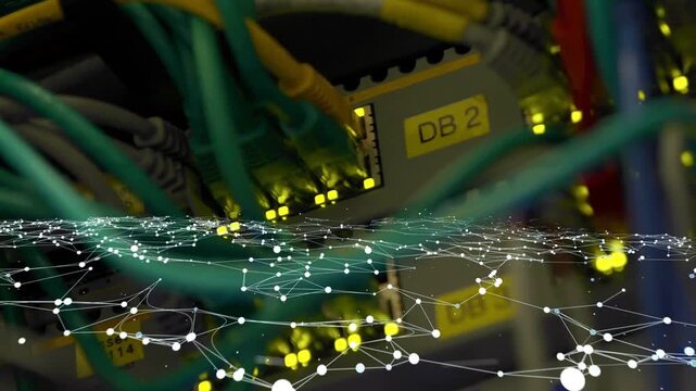 Data-visualization appearing triggers mesh moving forward, cables and DB 2 showing network activity