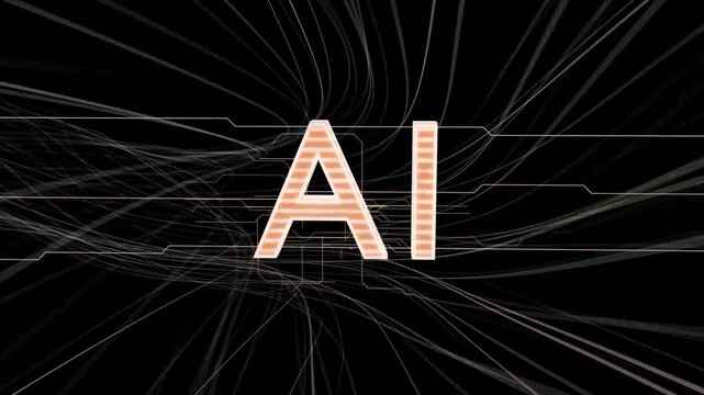 Converging filaments revealing AI, forming circuit traces and expanding grid, visualizing data flow
