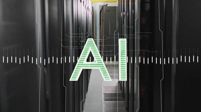 AI appearing, sparking waveform pulsing, circuit growth, camera shifting, showing datacenter power