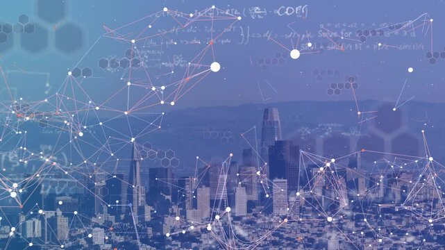 Formulas appearing, nodes rising across city skyline with round and pointed towers, mapping network