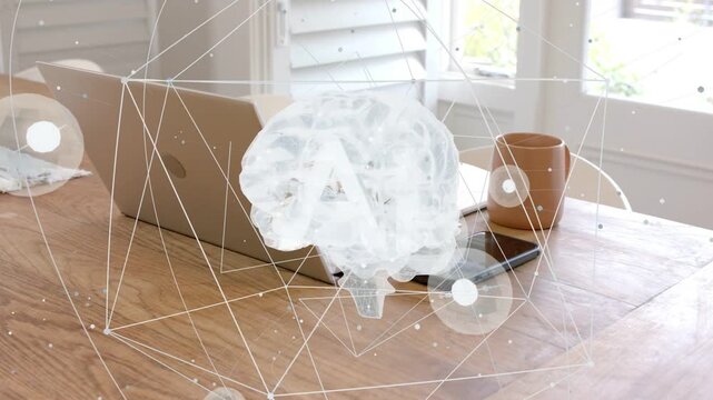 On laptop wake lit hologram brain rotating, drifting within mesh, nodes pulsing to show neural net