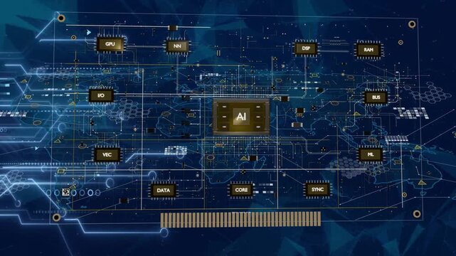 Glowing traces starting gold AI chip growing, modules snapping to PCB, pulses forming AI schematic