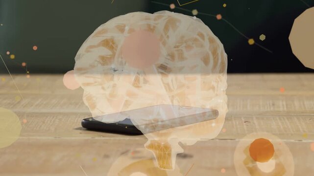 Overlay appearing on phone, translucent brain drifting while bokeh connecting nodes showing network