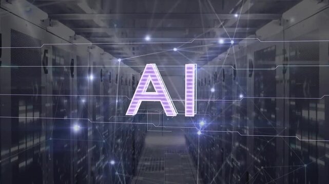 Centered stylized AI letters on node pulse, glowing and sending circuit traces showing flow
