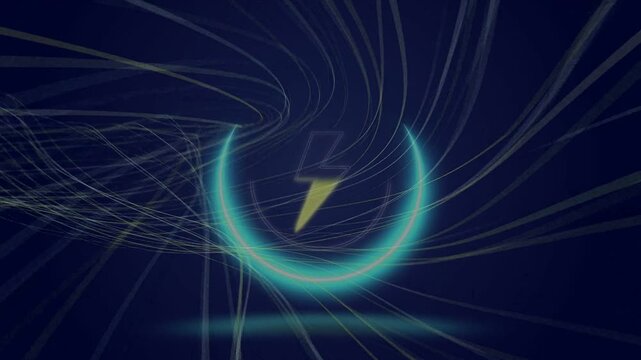 Filaments sweeping from left converging, forming cyan arc with yellow bolt pulsing, showing energy