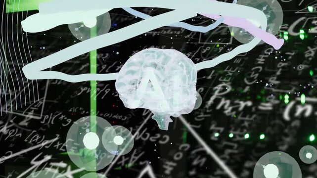 Green beam activating, clear brain marked AI rotating, pulsing, ribbon looping, visualizing network