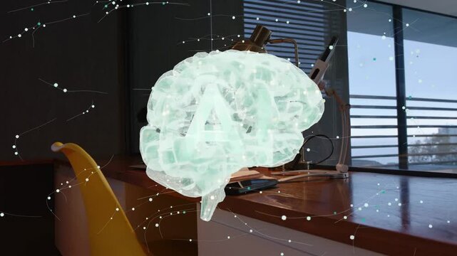 3D brain emerging near cam, rotating, showing letter A, pulsing network showing activity above desk