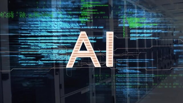 Faint AI glyph brightening, blue streaks speeding and circuit tracing, emphasizing title over racks