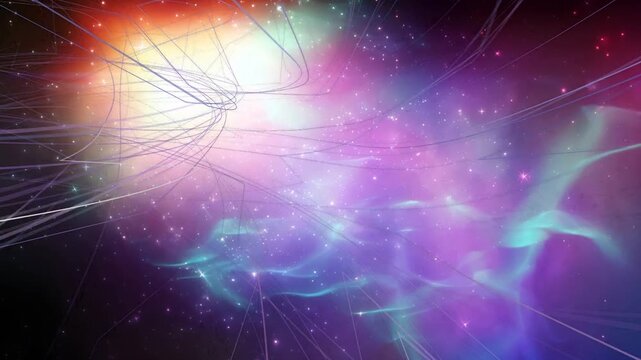 Orange core pulsing, pulling tendrils outward while nebula and teal waves rippling, creating flow