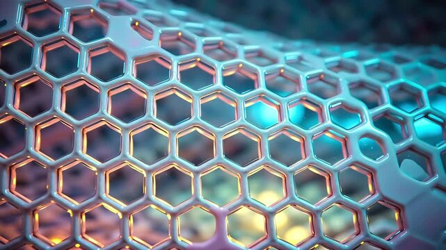 Futuristic hexagonal lattice with blue and gold glowing lights. 4K Video