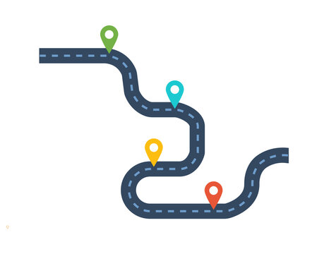 Winding Roadmap Path Journey Colorful Pin Markers Flat Vector Infographic Element Business Timeline Illustration, PNG.