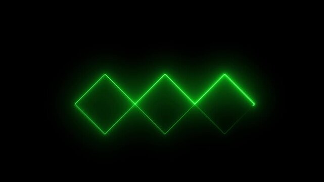Three glowing green neon diamond shapes arranged in a horizontal row against a black background