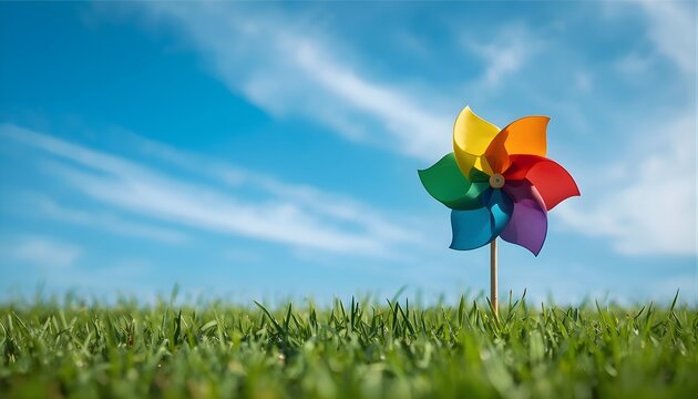 Colorful pinwheel spinning in a green grassy field under a bright blue sky