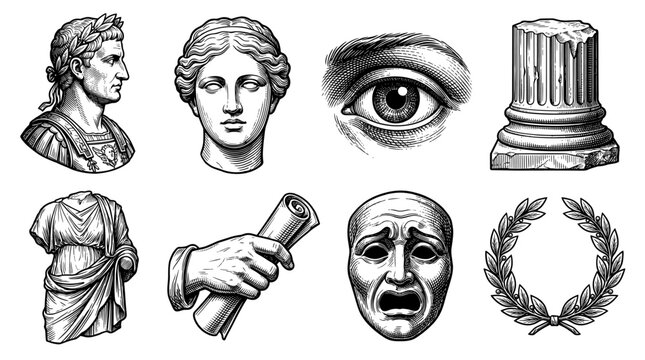 Ancient Greek and Roman Classical Symbols Set with Julius Caesar Bust, Goddess Venus, Theatre Mask, Antique Column and Laurel Wreath in Vintage Engraving Style Vector Illustration