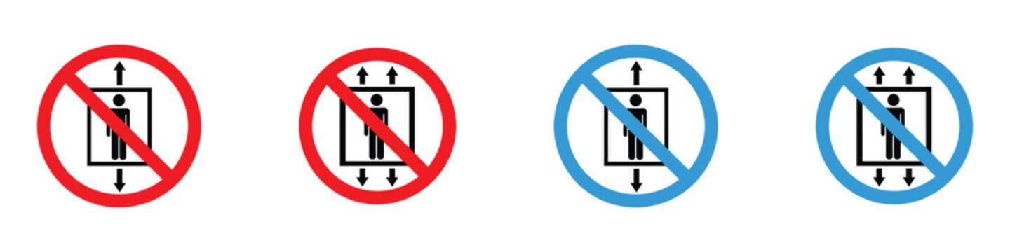 Do not use elevator in case of emergency safety sign set. Vector illustration of realistic building prohibited lift danger symbol, red and blue circle fire prevention icon on white background.