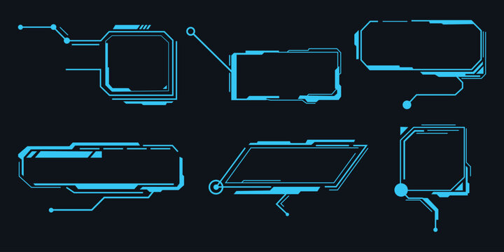 Sci-Fi HUD callout box and digital info display frame set. Vector illustration of futuristic neon technology interface banner, cyber border pointer on dark background.