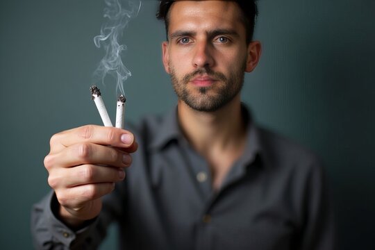 Breaking the Habit: A man holds a broken cigarette, symbolizing the decision to quit smoking
