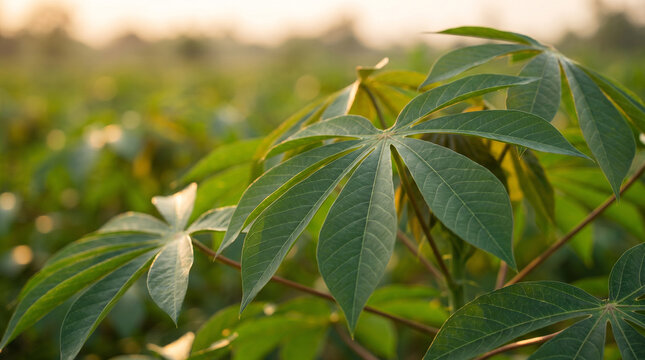 Close-up of fresh green cassava leaves in an agricultural field bathed in warm golden sunlight. Natural tropical plant foliage