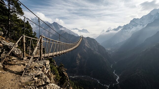 Suspension bridge spanning a deep mountain valley