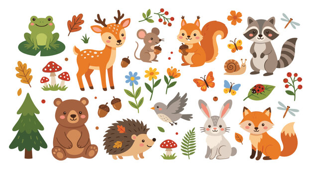 Cute woodland animals clipart set with bear fox deer squirrel rabbit raccoon hedgehog and autumn leaves vector illustration
