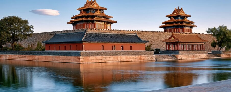 Wide eye-level view of the Forbidden City moats and outer walls at golden hour in Beijing