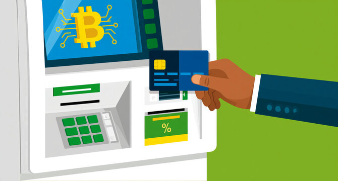 hand holding a credit card at an TVM machine, against a white background 