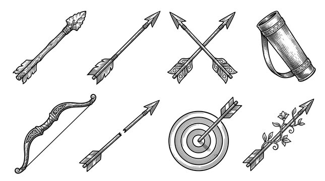 Set of Archery Equipment Vector Illustrations Including Bow Arrows Quiver and Target in Vintage Engraving Style Hand Drawn Black and White Graphics for Design