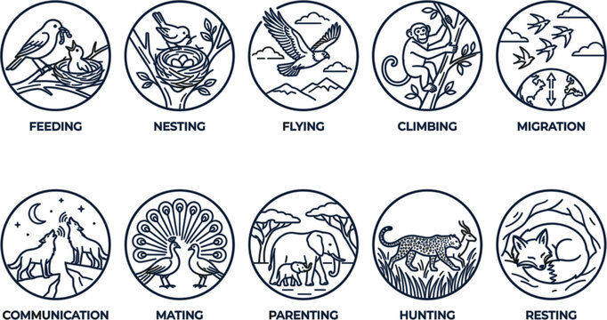 Wildlife Behavior Editable Outline Icon Set Featuring Feeding Nesting Migration Hunting Parenting and Animal Communication