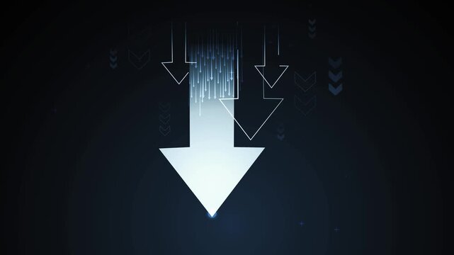 Glowing downward arrow in dark futuristic background with circuit-like rain and additional outlined arrows animation