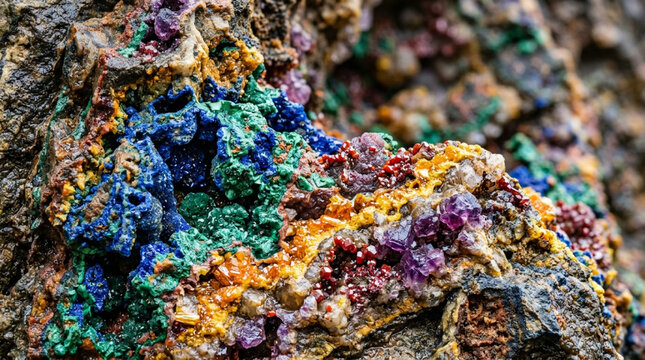 Vibrant mineral deposits on a rocky surface display a colorful array of blue, green, orange, purple, and red hues in a natural geological formation with varied textures.