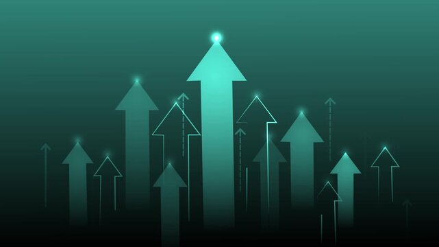 Abstract gradient background with multiple upward-pointing arrows of varying sizes and glow, symbolizing growth and progress animation