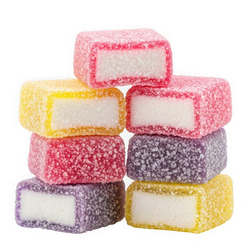Stacked colorful candy bars on white background