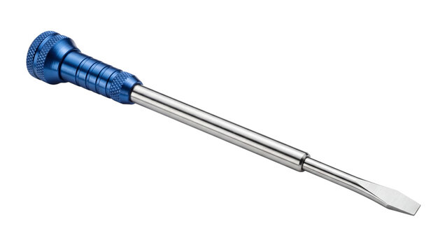 Mini flathead screwdriver with blue handle isolated PNG on transparent background, watch repair precision tool