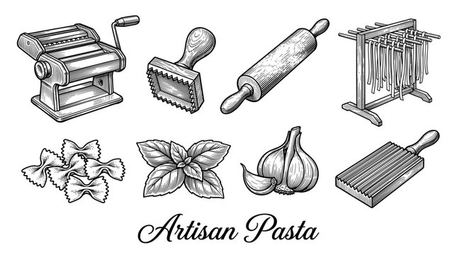 Artisan Pasta Making Tool Kit Vintage Engraving Vector Illustration Set