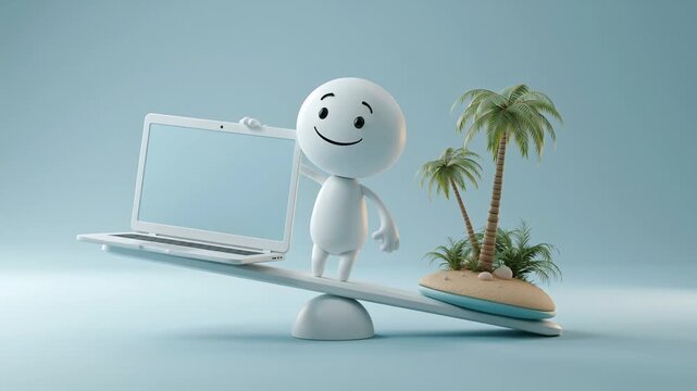 balances on a seesaw between a laptop and a tropical island, creating a playful loop that symbolizes modern work-life balance in a surreal, humorous style.