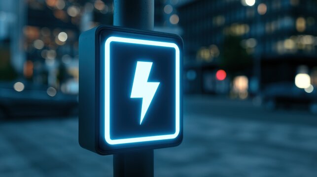 A charging station emits blue light at night, set in an urban area with blurred buildings in the background and no people present.