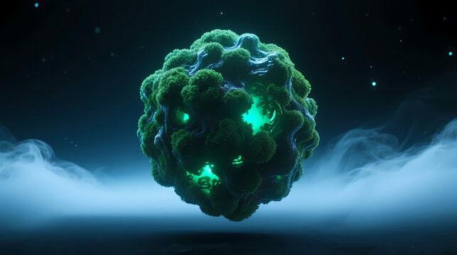 Dark green sphere glowing in cosmic clouds