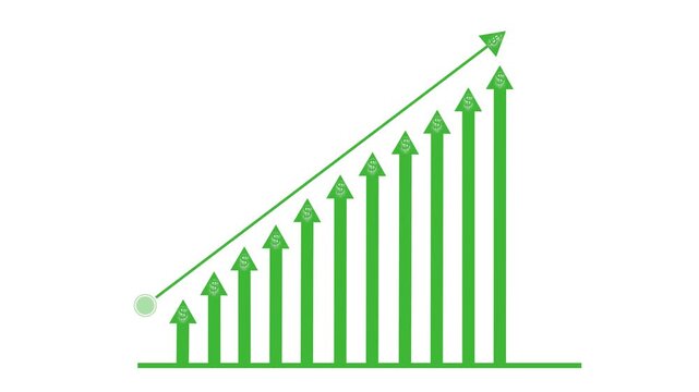 Ascending bar-arrow growth chart animation, Bar-chart arrows and an upward diagonal arrow from left to right, minimalist financial growth concept