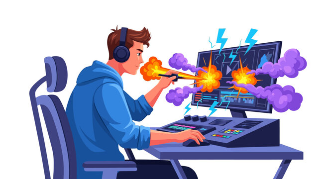A young man with headphones blowing fire and smoke into a computer screen with explosions and lightning, depicting intense gaming or technical issues.