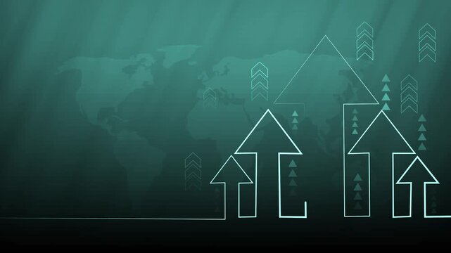 Abstract background with world map silhouette and upward-pointing outlined arrows indicating growth animation