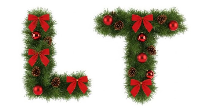 Christmas letters l and t made of green fir wreaths decorated with red bows