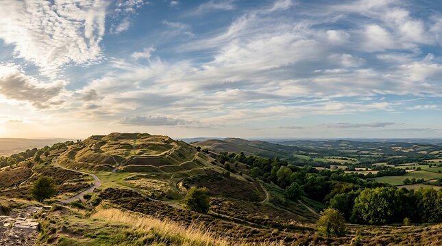Scenic panoramic view of an ancient hilltop earthwork at golden hour