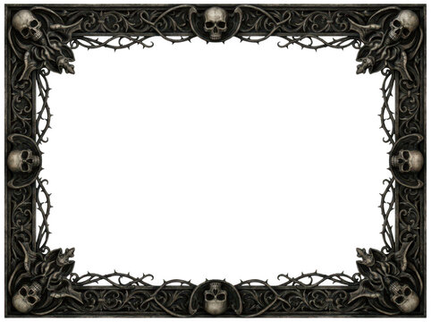 Ornate gothic frame with skulls and filigree isolated on transparent background