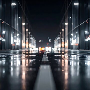 A dark, blurry city street at night with shiny wet pavement and bright lights reflecting off the road