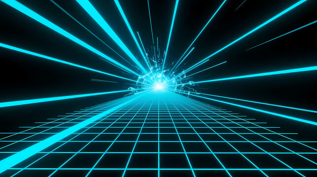 Cyan laser grid rushing into dark void