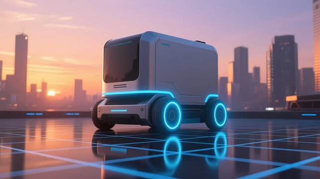 Futuristic white delivery robot in sunset city