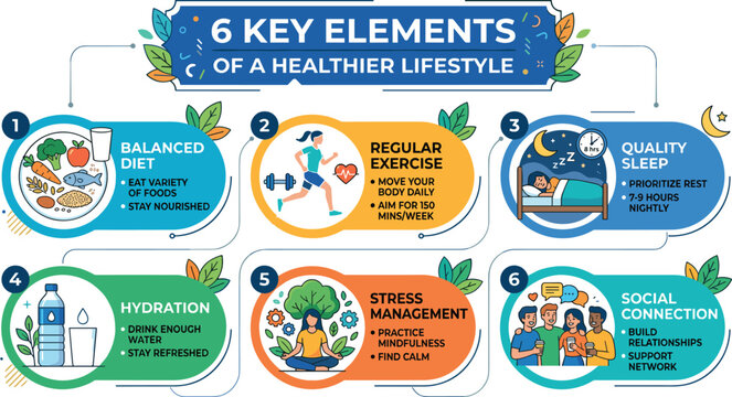 Healthier lifestyle infographic banner vector illustration featuring diet exercise sleep hydration stress management and social connection