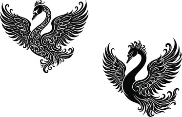 Fototapeta premium Ornate Swan Illustrations With Detailed Feather Patterns Black Silhouette