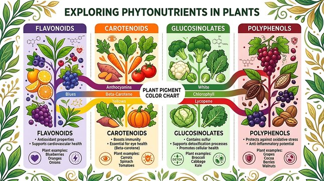 Phytonutrients and plant pigment color chart for healthy nutrition